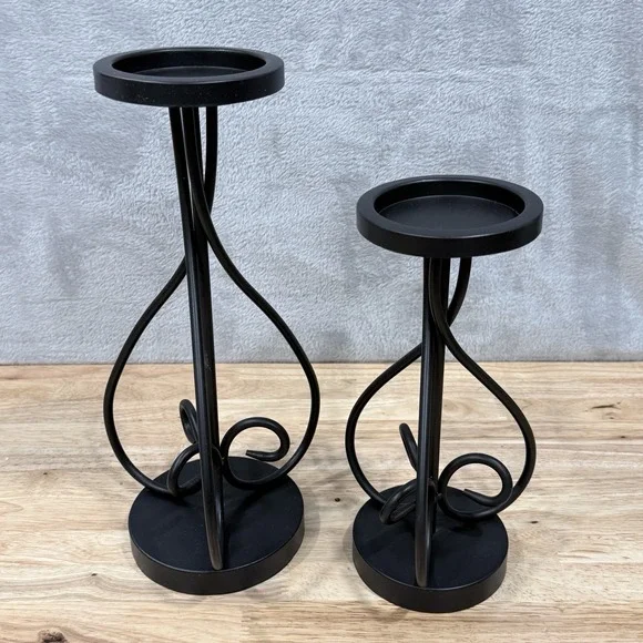 Black‎ Metal Pillar Candle Holders Set of 2 Tall 13.75