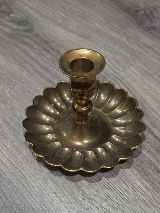 Brass Scalloped Regency MCM Candle Holder Gold Finish