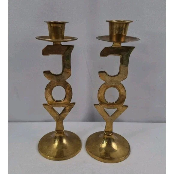 Vtg International Silver Co. Solid Brass JOY Candlestick Holders Set of 2 India