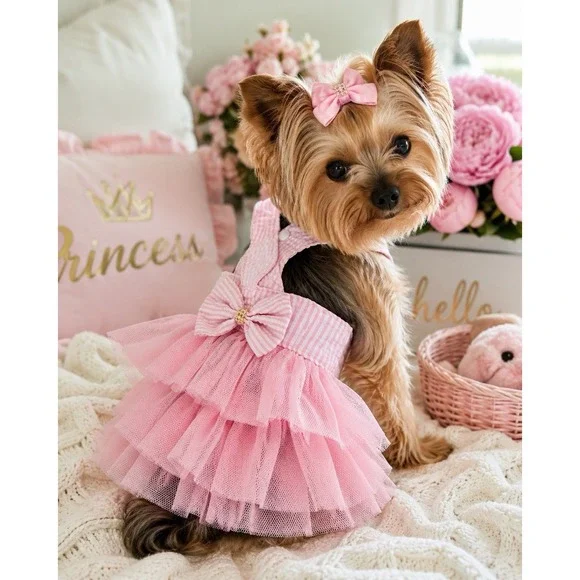 XS Small Dog‎ Dress Pink Seersucker Tutu Puppy Dress Small Dog Party Fancy