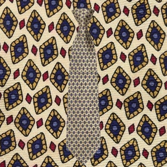 J Crew Necktie Mens Gold Blue Red Geometric Diamond‎ Silk Tie