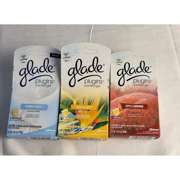 Vtg Glade Plugins Scented Gel Refill  Tropical Mist Powder Fresh Apple Cinnamon