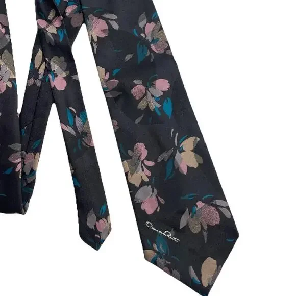 Oscar de la Renta Silk Tie Dark Floral 90s Abstract Painterly Botanical Necktie