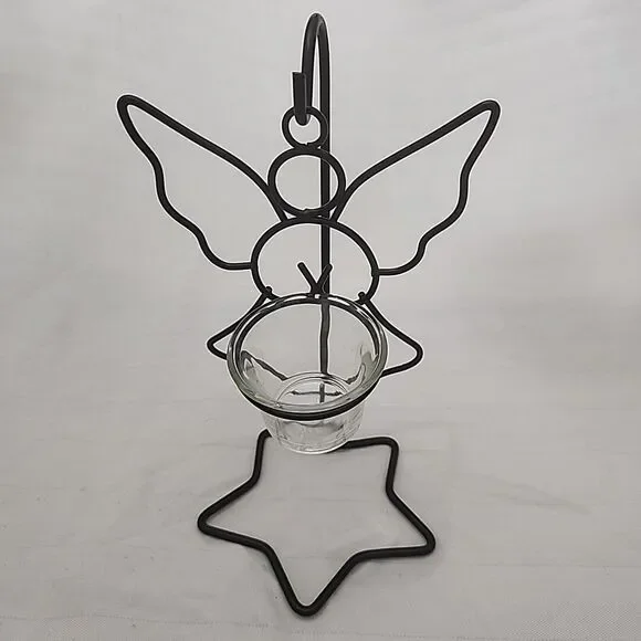 Angel Shaped Hanging Black Metal With Glass Votive Cup Holder And Hanging Stand