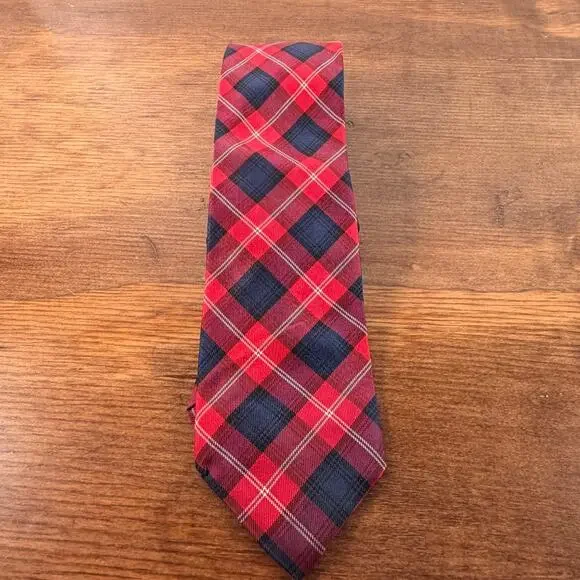 Tommy Hilfiger Red Navy Blue Plaid Tartan Silk Necktie