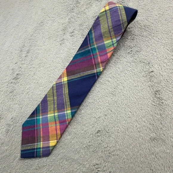 Rooster Mens Vintage Plaid Cotton Necktie Purple Blue Yellow Made in USA
