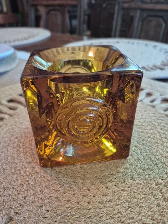 Viking Glass Bullseye Glimmer Votive Candle Holder Paper Weight Epic Line  Amber