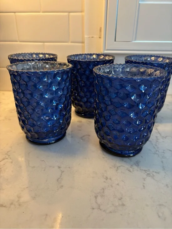 Set of 5 Blue Glass Textured votive  - for flameless candles only