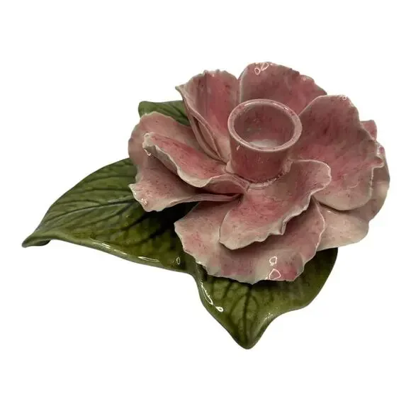 Vintage Pink Rose Ceramic Candle Holder Cottagecore Italy
