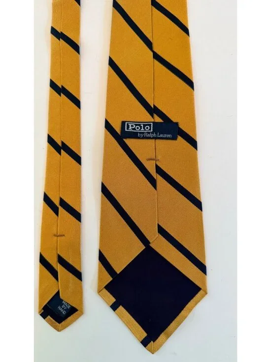Polo By Ralph Lauren Gold & Navy Blue Striped 100% Silk Handmade Tie Made In USA