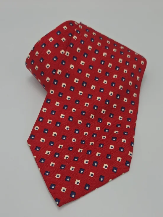Polo University Ralph Lauren Red Tie with Navy and Cream Geometric Dots