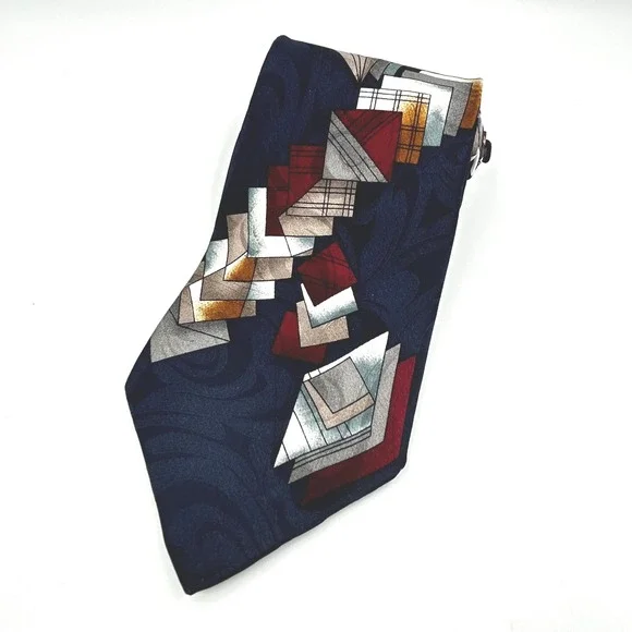 Signature Collection Necktie Navy Blue Mens Geometric Abstract Silk EUC 4