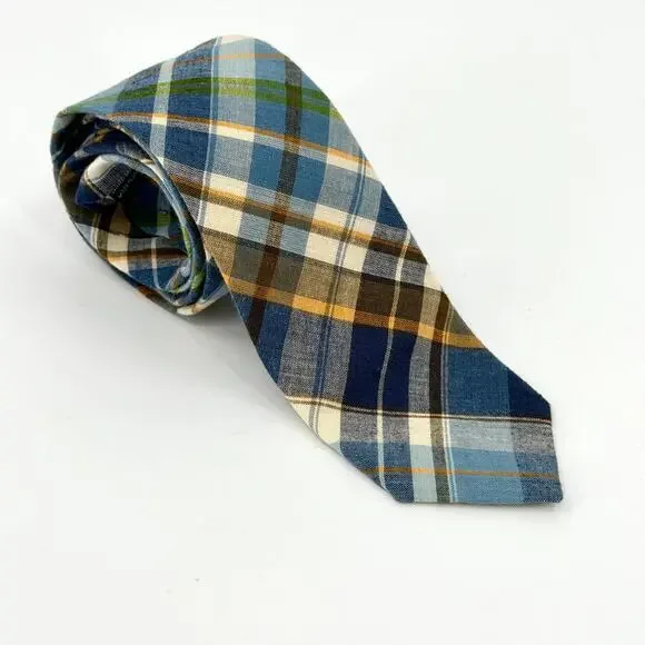 Blue White 100% Cotton Tartan Plaid Skinny Necktie Made In Japan