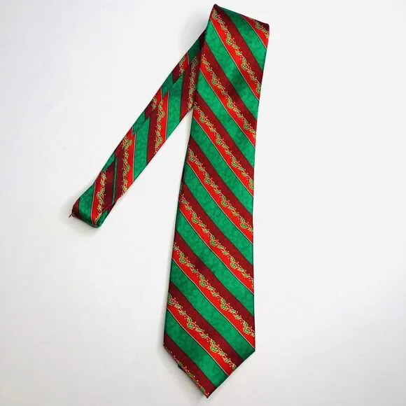 NOEL Men’s Musical Christmas Tie Red Green Striped Holly Holiday Necktie