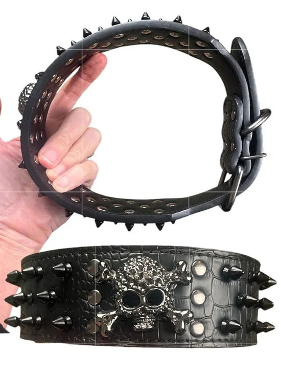 Skull Crossbones Spiked Studded Dog Collar Goth Punk Black Halloween 19-22” NWOT