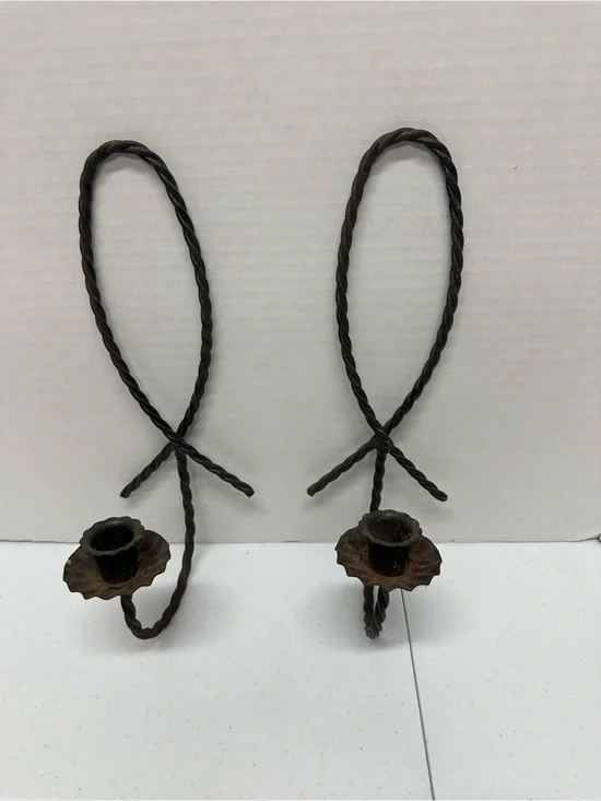 Vintage Wrought Iron Wall Candle Sconces Pair Twisted Metal Rustic Gothic 12”