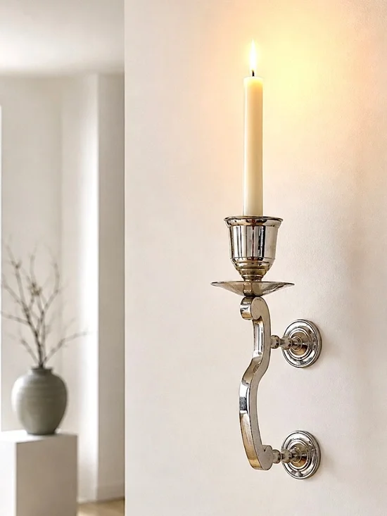 vintage silver tone candle wall sconce India scroll design metal sculptural