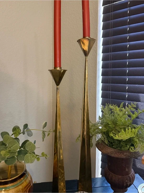 Vintage Mid Century Mexican Candlesticks 19.5 & 15” Brass Tin Pair Weighted Sand