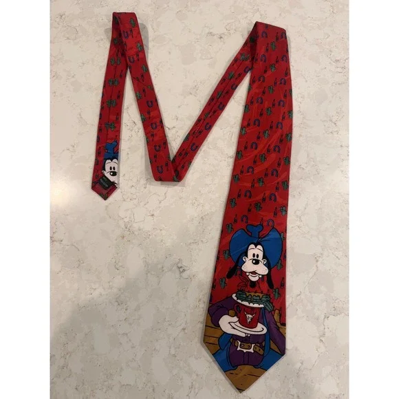 Mickey Unlimited Disney Mens Goofy Cowboy Western Horseshoe‎ Red Silk Tie 57in