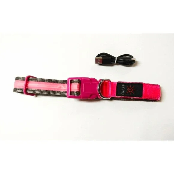 LED Lighted Safety Dog Collar Pink Size L USB Rechargeable Adjustable Nylon