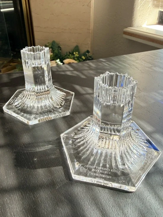 Pair Tiffany Louis Comfort Collection Crystal Pleated Candle Holders