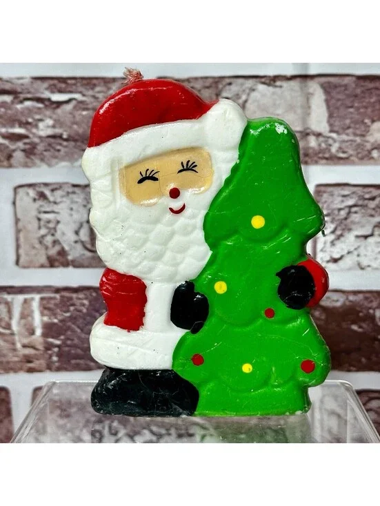 Vintage 1970’s Mid Century Santa & Tree Wax Christmas Candle 4.5” UNUSED