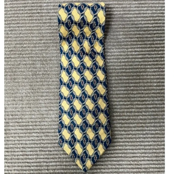 Geoffrey Beene‎ Mens Silk Necktie Yellow Navy Blue Geometric Chain Link Pattern
