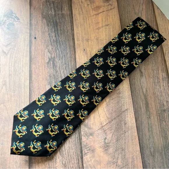 Chinese Dragon Houston Museum of Natural Science Elegant Black and Gold Silk Tie