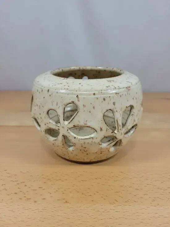 Art Pottery Candle Holder Luminary Flowers Speckled Brown Handmade Signed