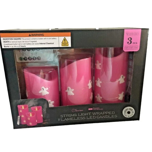 Silverstro Halloween Flameless Real Wax Candles Remote Pink Ghosts Set of 3