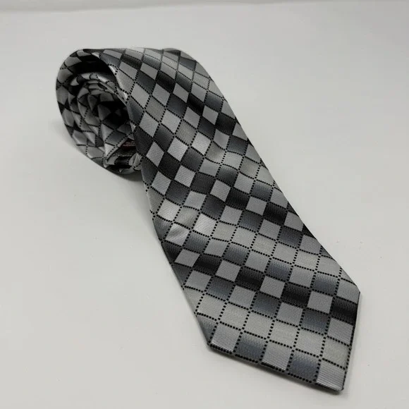 Covington Mens Grey Silver Black Geometric Diamond Pattern Silk Look Necktie