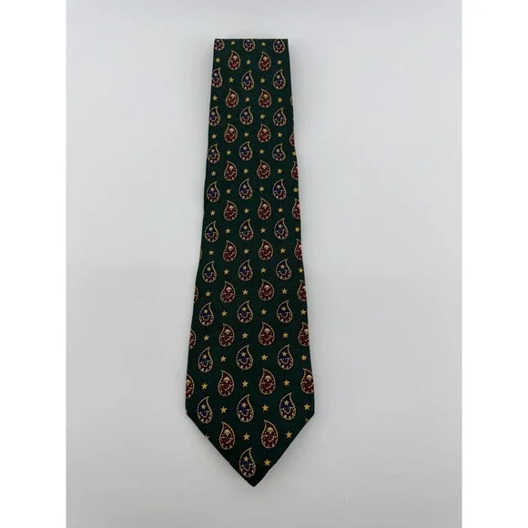 Tommy Hilfiger Mens Silk Tie Green Paisley Star Pattern Made in USA Italy Fabric