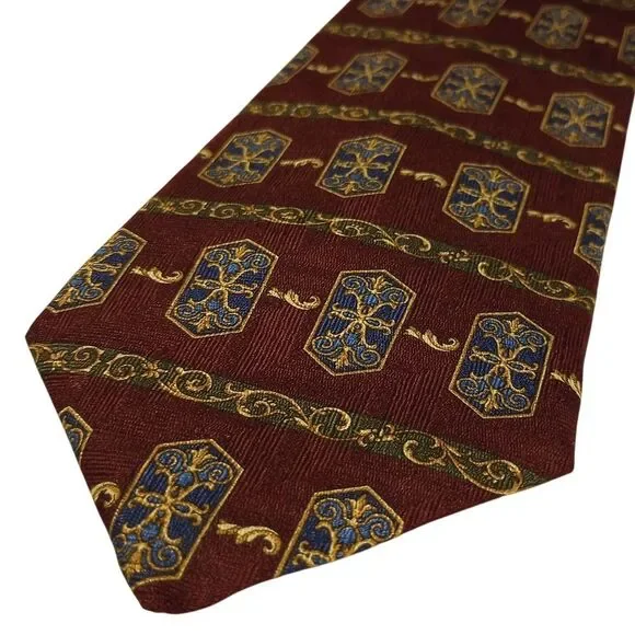 Arden Cravats Mens Silk Jacquard Geometric‎ Pattern Burgundy Necktie