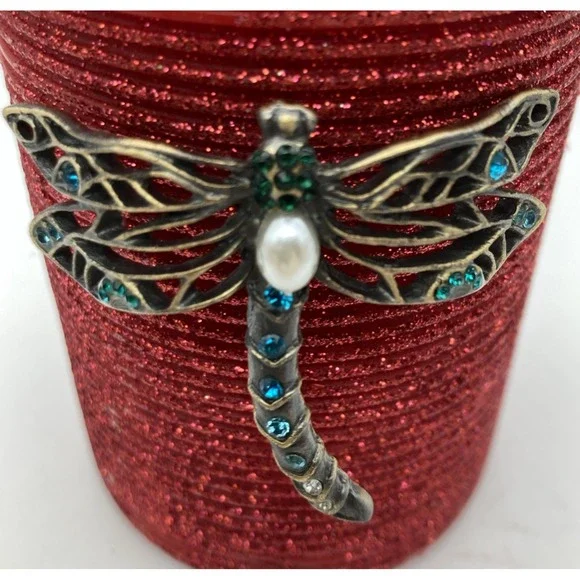 Dragonfly Candle Pin Metal Gold Toned Blue Stones Faux Pearl Whimsical Pretty