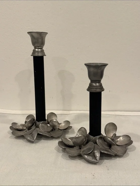 Vintage Metzke Pewter & Black Metal Taper Candle Holders Dogwood Flower Blossoms