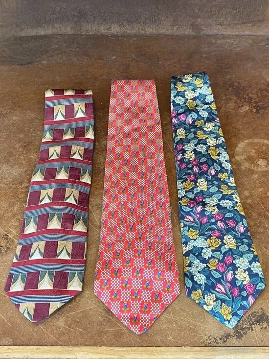 LOT of THREE Ties Lands End Silk Flowers Tulips Paisley Vintage Tie Made in USA