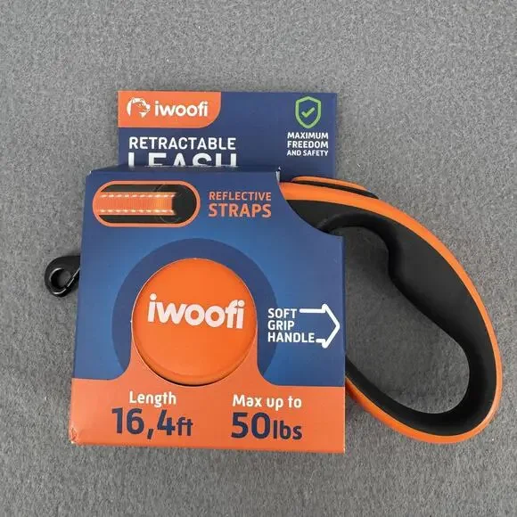 IWOOFI Retractable Dog Leash 16.4 Ft Up To 50 Lbs Reflective Orange Black