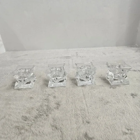 Vintage Clear Glass Star Taper Candle Holders Set of 4 Geometric Snowflake 2in