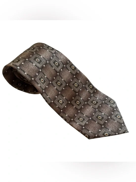 Pierre Cardin Silk Tie Brown Geometric Daisy Medallion Necktie‎ Classic Designer