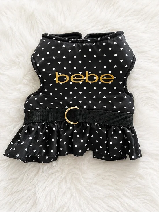 bebe Black & White Heart Print Ruffle Dog Harness with Gold Logo