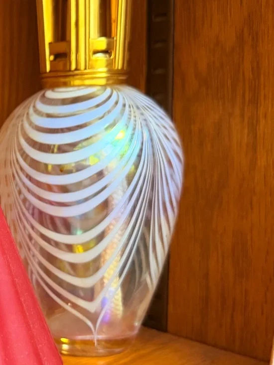 Clear Glass Decorative Vase with White Swirl and Gold Accent