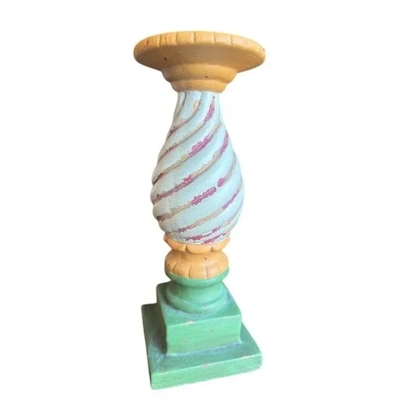 Vintage Hand Painted Ceramic Pillar Candle Holder‎ Spiral Pedestal Green Yellow