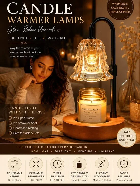 Adjustable Candle Warmer Lamp with Dimmer | Polished Wood Base Tabletop Wax Warm