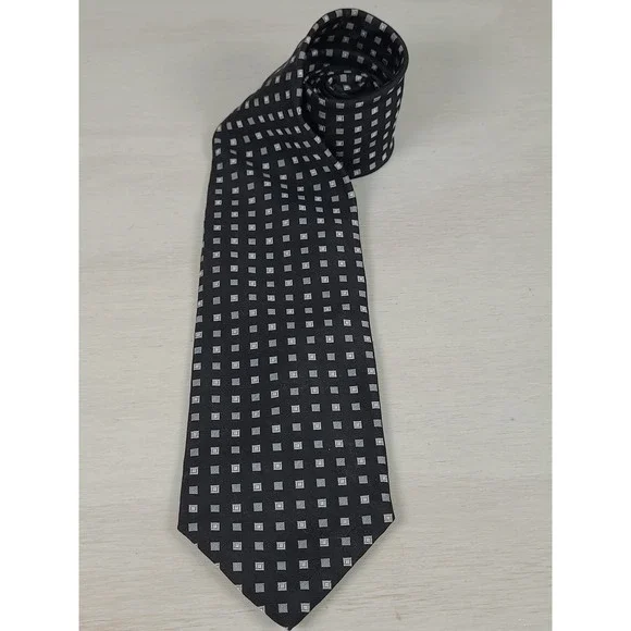 Brooks Brothers Makers Silk Tie Black‎ Silver Geometric Square Woven England USA
