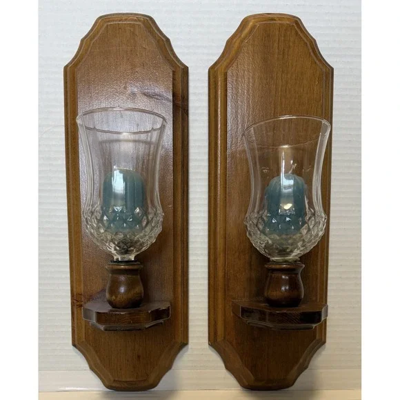 Vintage MCM Wood Glass Candle Holder Wall Sconce - Size 15 x 5