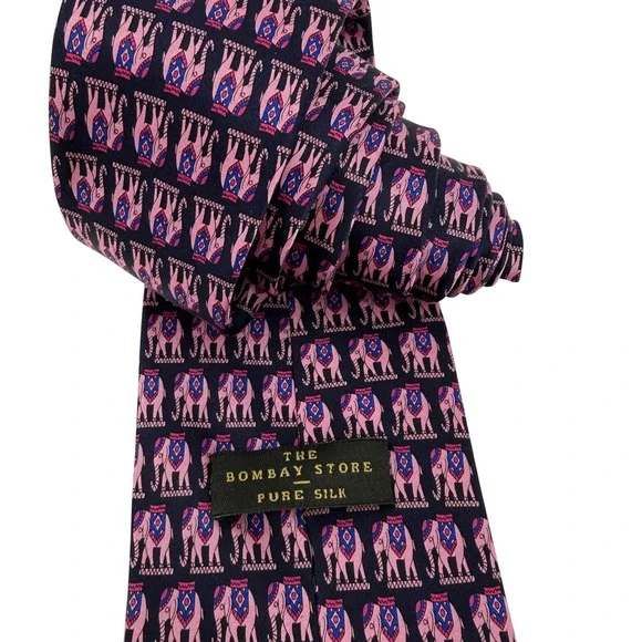 The Bombay Store Silk‎ Elephant Tie Mens Navy Blue Pink Patterned Necktie