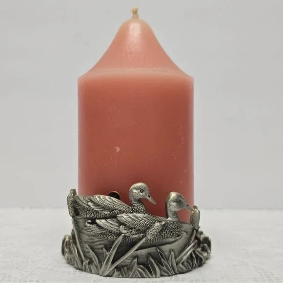 Vintage 70s Ducks In Reeds Pewter Pillar Candle Holder Cabin Country Cottage