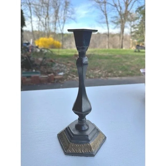 Vintage Black and Gold Hexagonal‎ Metal Candlestick Holder Embossed 8.5 Inch