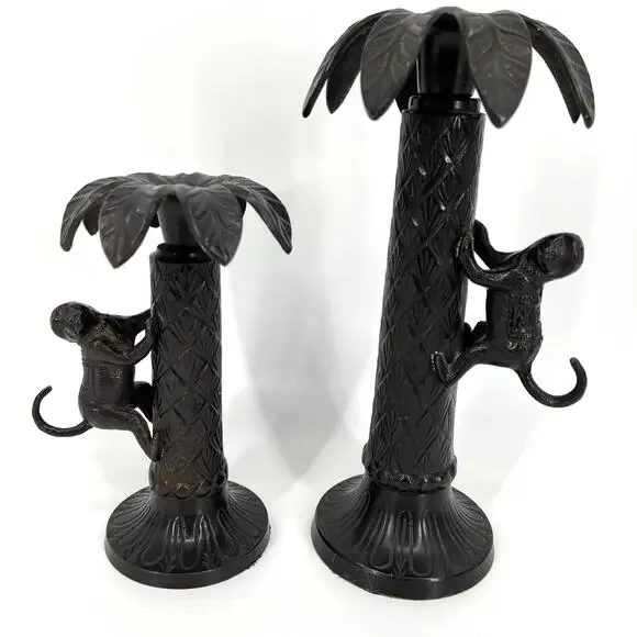 Vintage Bombay Metal Monkey Climbing Palm Tree Candlestick Holders Pair of Two
