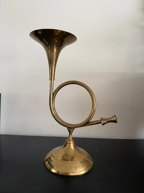 Vintage Brass French Horn Candlestick, India Taper Candle Holder, Mid Century